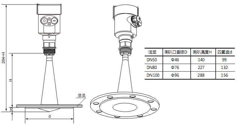 高頻雷達物位計結(jié)構(gòu)尺寸